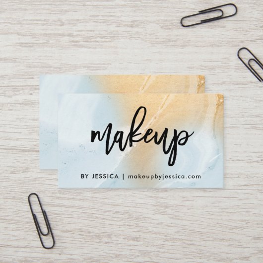 Modern Soft Blue en Faux Gold Marble | Makeup Visitekaartje (Voorkant / Achterkant in situ)