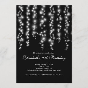 Modern Sparkle Black Sweet Sixteen Birthday Party Kaart