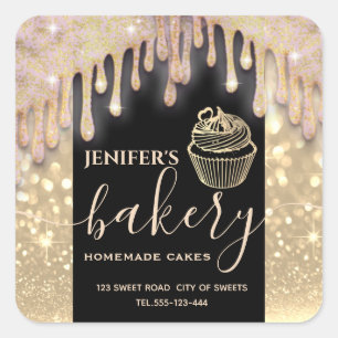 Modern sparkle goud druppels cupcake bakkerij labe vierkante sticker