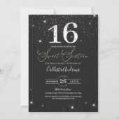 Modern Sparkly Black Glitter Confetti Sweet 16 Kaart (Voorkant)