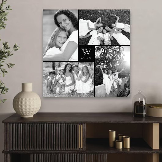 Modern Square Family Monogram Photo Collage Canvas