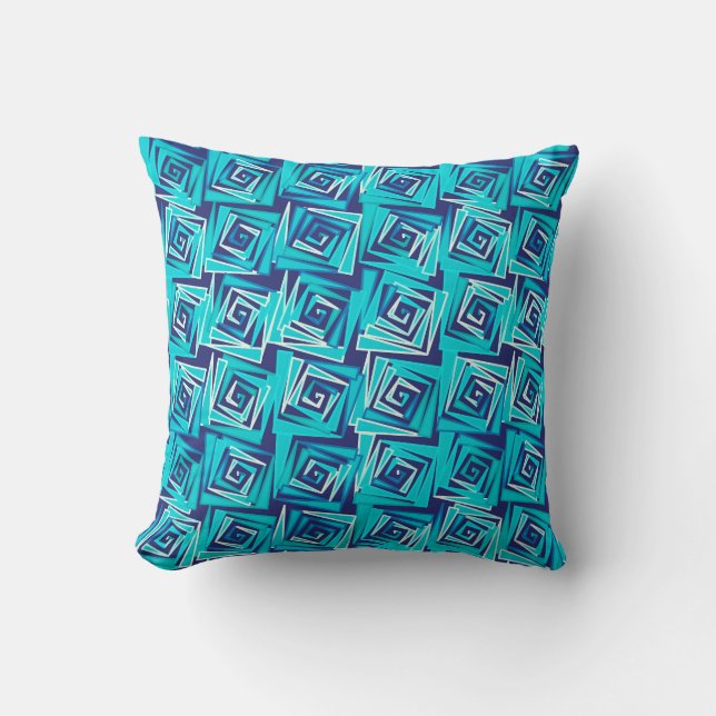 Modern Square Spirals, Navy en Aqua Kussen (Voorkant)