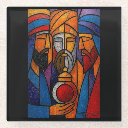 Modern Stained Glass Three Wise Men Glazen Onderzetter (Voorkant)