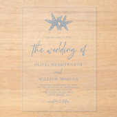 Modern Starfish Beach Script Dusty Blue Wedding Acryl Uitnodigingen (Voorkant)