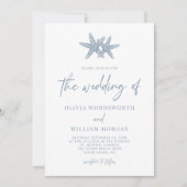 Modern Starfish Beach Script Dusty Blue Wedding Kaart (Voorkant)