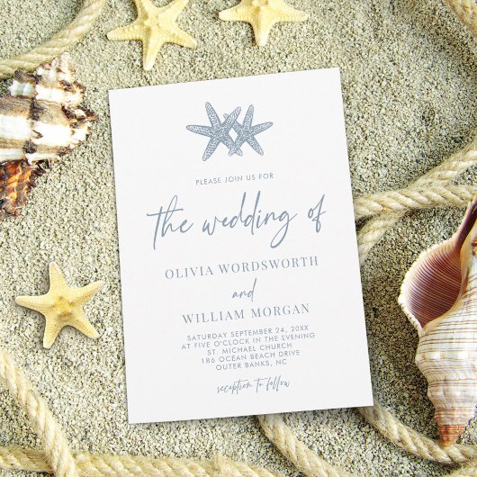 Modern Starfish Beach Script Dusty Blue Wedding Kaart