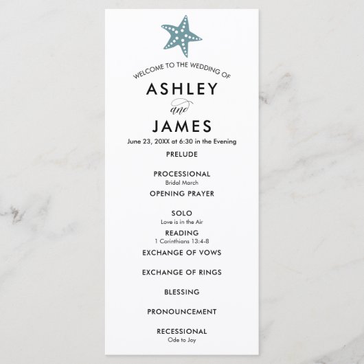 Modern Starfish Wedding Ceremony Programme Blue Gr Programma (Voorkant)