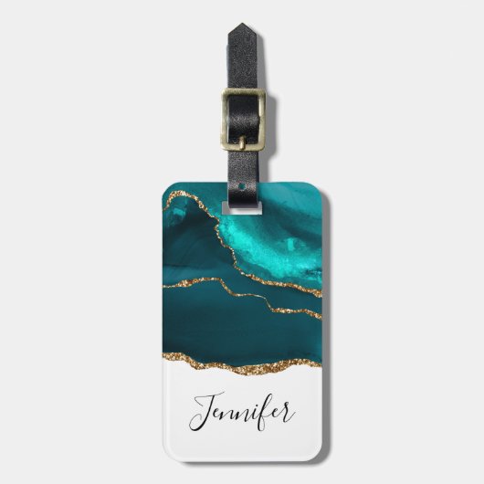 Modern stijlvol Blauwgroen agate & Gold Ribbon op  Bagagelabel (Voorkant verticaal)