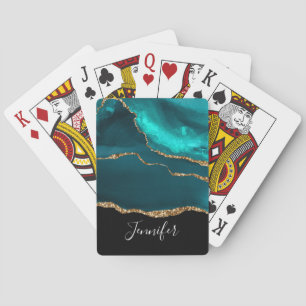 Modern stijlvol Blauwgroen agate & Gold Ribbon op Pokerkaarten