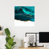 Modern stijlvol Blauwgroen en Gold Agate op wit Poster (Thuiskantoor)