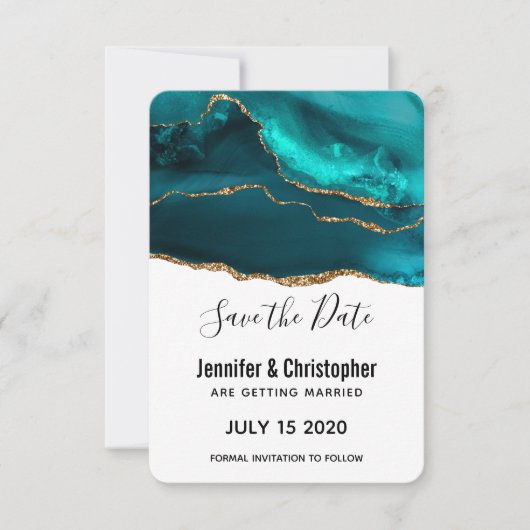 Modern Stijlvol Blauwgroen Goud & Wit Agaat Bruilo Save The Date (Voorkant)