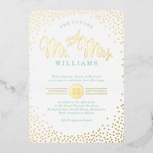 MODERN STIJLVOL BRUILOFT mini confetti gouden munt Folie Uitnodiging (Voorkant)