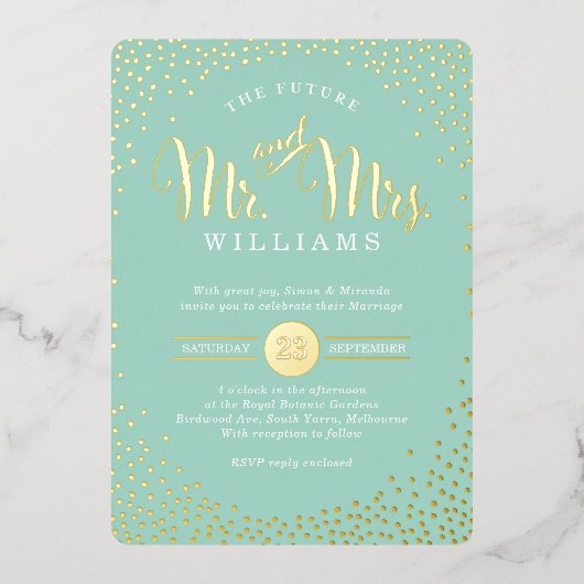 MODERN STIJLVOL BRUILOFT mini confetti mint goud Folie Uitnodiging (Voorkant)