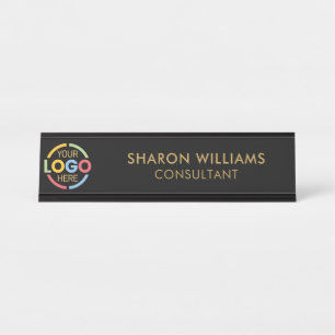 Modern Stijlvol Custom Business Logo Zwart en Goud Bureau Naambordje