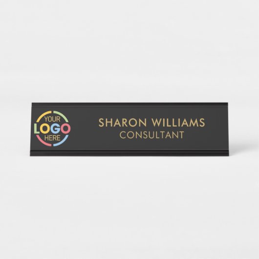 Modern Stijlvol Custom Business Logo Zwart en Goud Bureau Naambordje (Voorkant)
