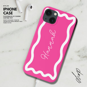 Modern Stijlvol Monogram Script Hot Pink Wavy Line iPhone 13 Hoesje
