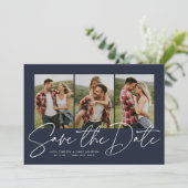 Modern stijlvol script drie foto blauw save the date (Staand voorkant)