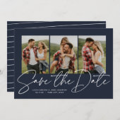 Modern stijlvol script drie foto blauw save the date (Voorkant / Achterkant)