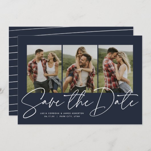 Modern stijlvol script drie foto blauw save the date (Voorkant / Achterkant)