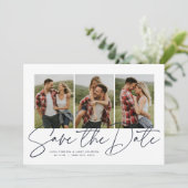 Modern stijlvol script drie foto blauw save the date (Staand voorkant)