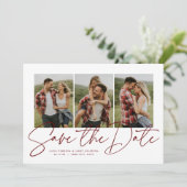 Modern stijlvol script drie fotomaroon save the date (Staand voorkant)