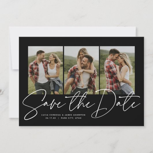 Modern stijlvol script drie foto's zwart-wit save the date (Voorkant)