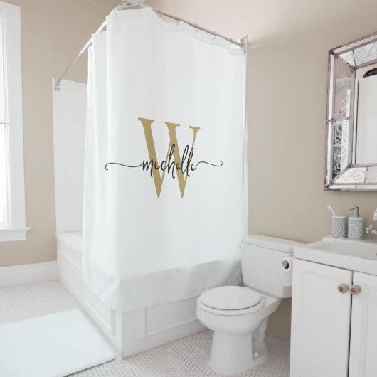 Modern Stijlvol Script Wit Goud Monogram Naam Douchegordijn (In situ)