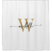 Modern Stijlvol Script Wit Goud Monogram Naam Douchegordijn (Voorkant)