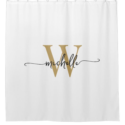 Modern Stijlvol Script Wit Goud Monogram Naam Douchegordijn (Voorkant)