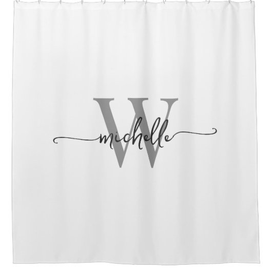 Modern Stijlvol Script Wit Grijs Monogram Naam Douchegordijn (Voorkant)
