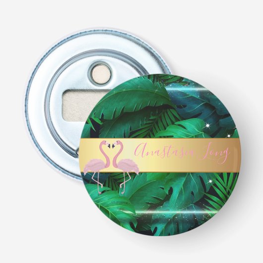 Modern Stijlvol, tropisch palmbladeren, roze Button Flesopener (Voorkant)