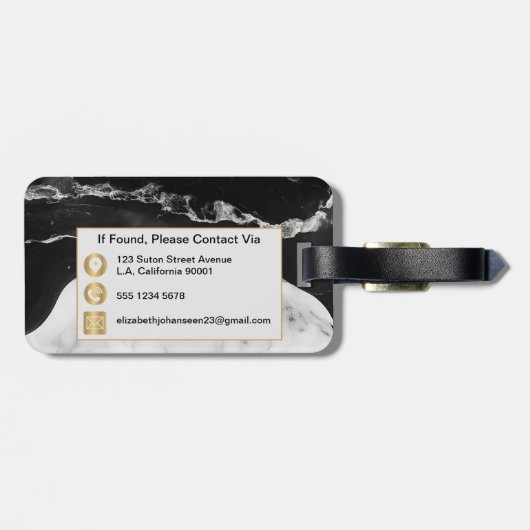 Modern Stijlvol Zwart Wit Marmer Monogrammed Goud Bagagelabel (Achterkant horizontaal)