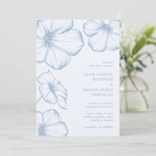 Modern Stoffig Blauw Bloemen Elegant Bruiloft Kaart (Staand voorkant)