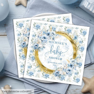 Modern stoffig blauw bloemen gouden jongen baby sh servet