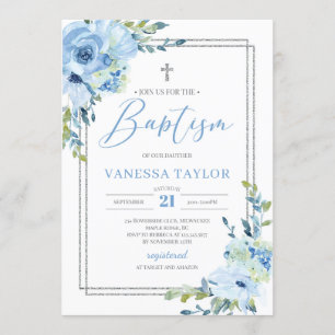 Modern stoffig blauw bloemenzilver lijst boho doop kaart