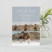 Modern stoffig blauw chic 5 Foto's script bruiloft Kaart (Staand voorkant)