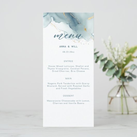 Modern Stoffig Blauw Goud Zomer Strand Bruiloft Menu (Staand voorkant)