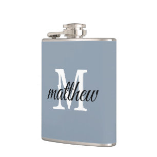 Modern stoffig blauw naam monogram gepersonaliseer heupfles