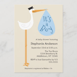 Modern Stork Baby shower Invitation - Boy Kaart