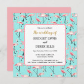 Modern strand bruiloft roze blauw flamingo kaart (Voorkant / Achterkant)