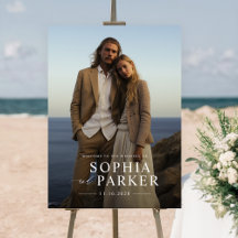 Modern strand bruiloft welkomstbord met foto