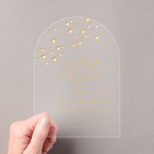 Modern String Lights Beste Dag Oog Gold ID585 Acryl Uitnodigingen (Insitu (Draagbaar))
