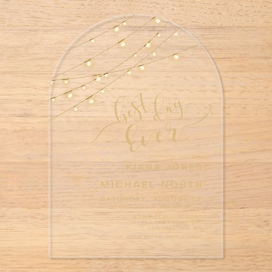 Modern String Lights Beste Dag Oog Gold ID585 Acryl Uitnodigingen (Voorkant)
