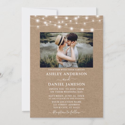 Modern String Lights Foto Kraft Wedding Kaart (Voorkant)