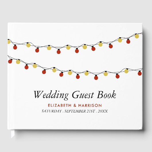 Modern String Lights, Red & Gold Wedding Gastenboek (Voorkant)