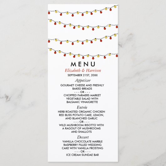 Modern String Lights, Red & Gold Wedding Menu (Voorkant)
