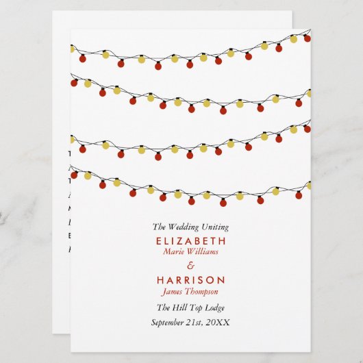 Modern String Lights, Red & Gold Wedding Programma (Voorkant / Achterkant)