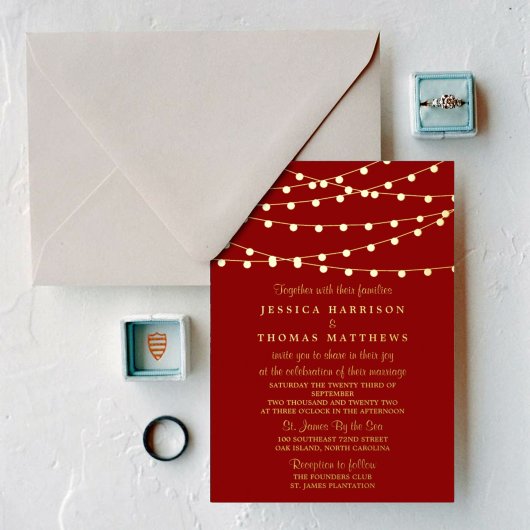Modern String Lights Wedding Real Folie Uitnodiging