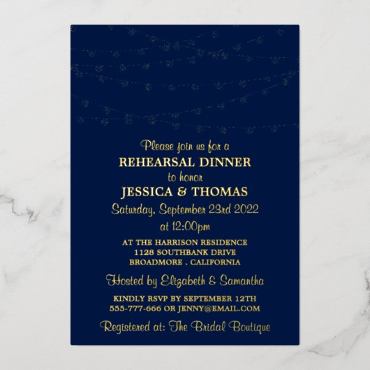 Modern String Lights Wedding Rehearsal Dinner Real Folie Uitnodiging (Voorkant)