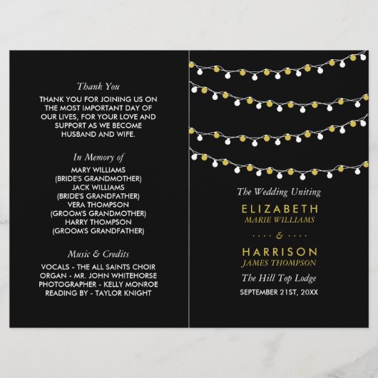 Modern String Lights, White/Gold Wedding Program (Voorkant)